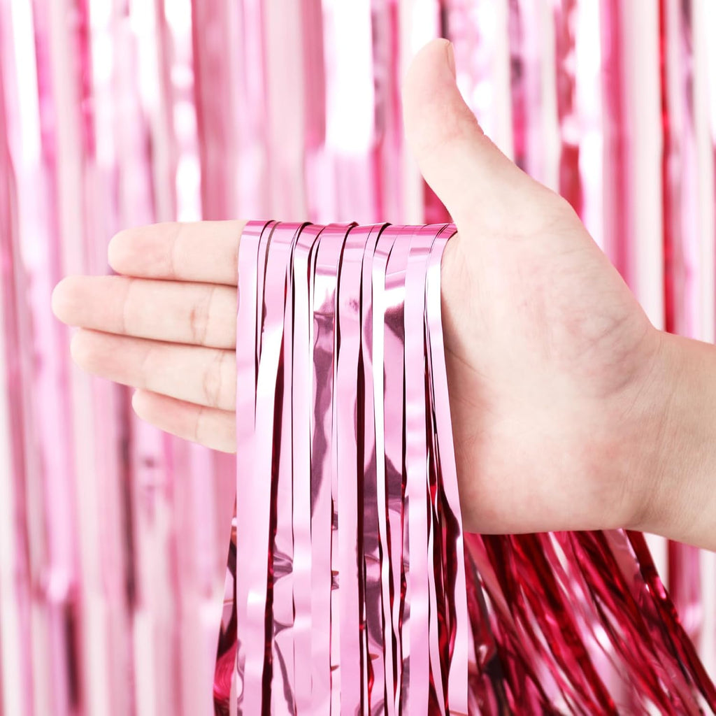 Voircoloria Light Pink Foil Fringe Backdrop Curtains - 3 Pack Tinsel Streamers for Parties & Events
