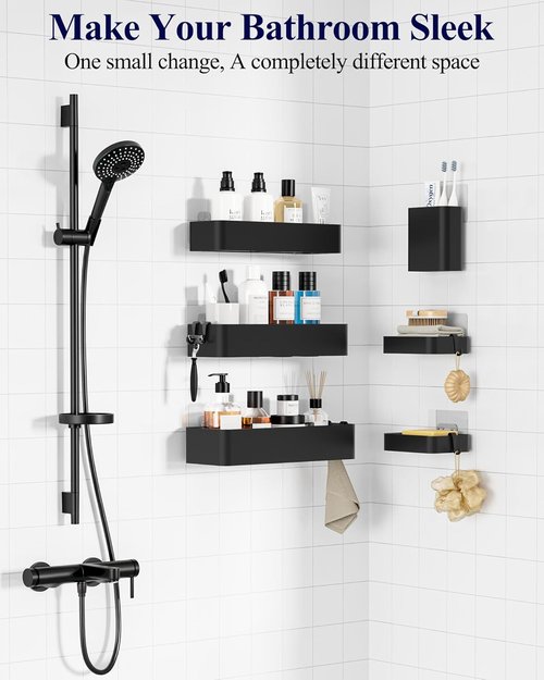 Kitsure Shower Caddy Adhesive | Rustproof 6-Pack No-Drill Bathroom Organizer - Large Black Shelves with Hooks