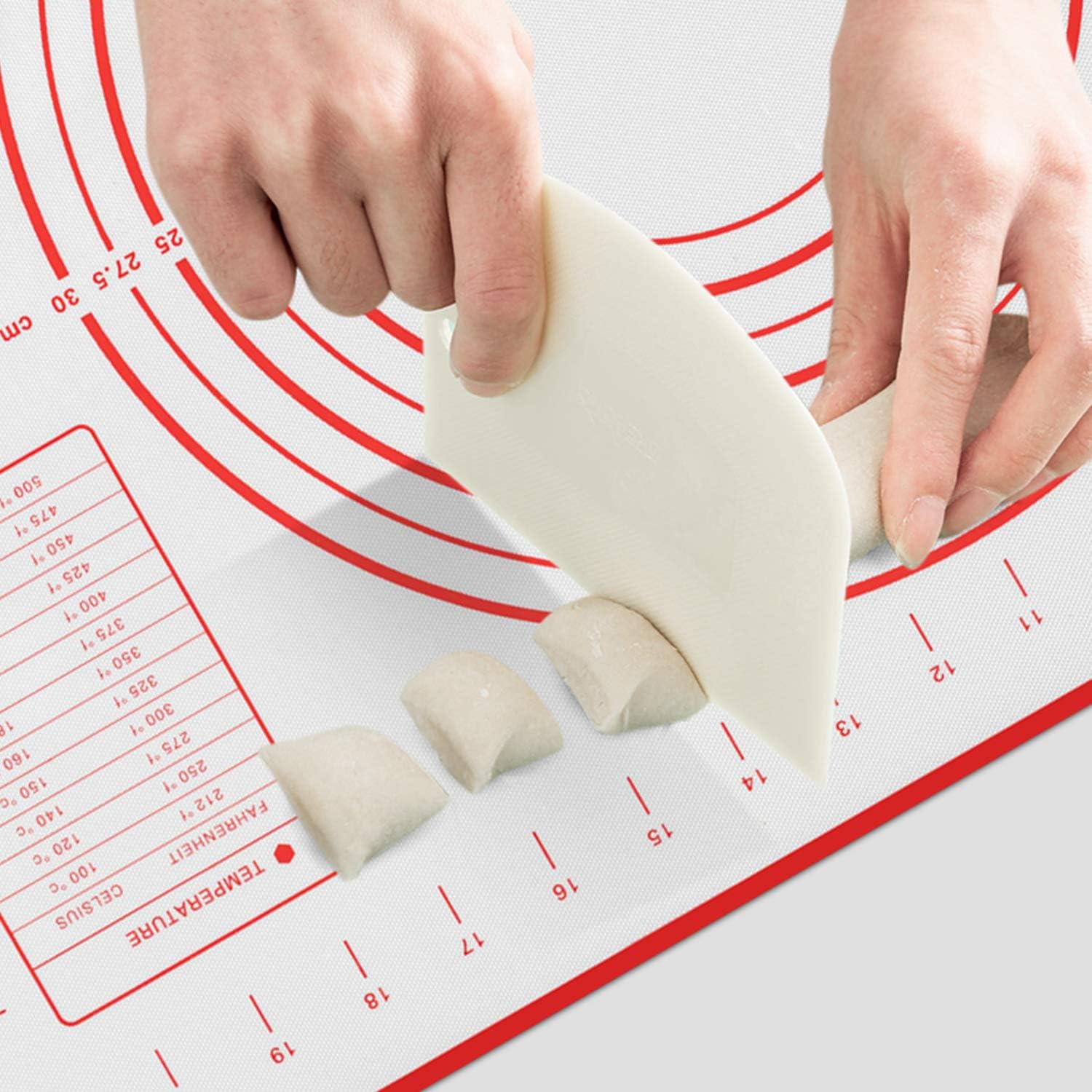 Skiennix Silicone Baking Mat - Non-Slip Pastry Sheet with Measurements | BPA-Free, 24 x 16 Inches, Red + Dough Scraper
