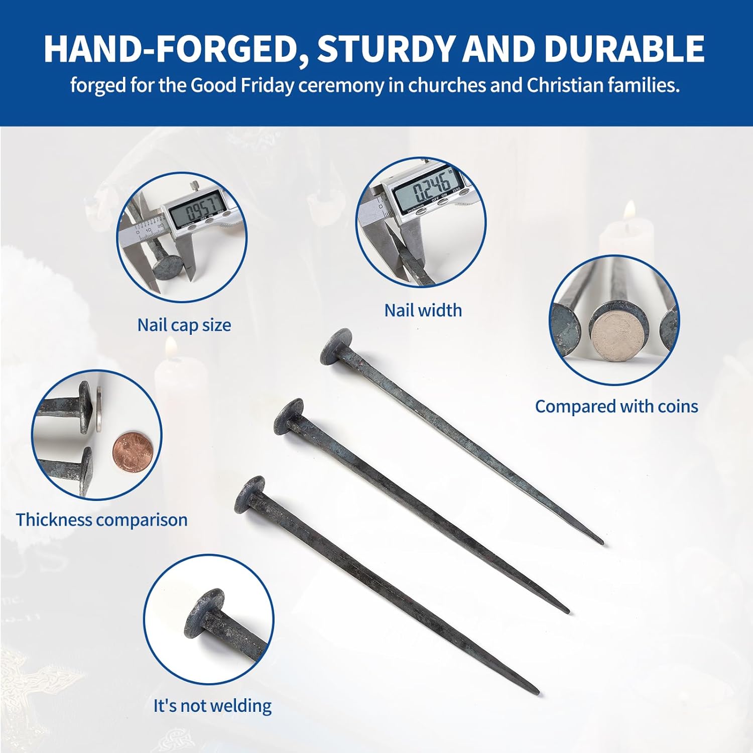 Skiennix Hand Forged Nails - Decorative Jesus Cross Wrought Iron | Natural Grey Finish (3 Pcs)