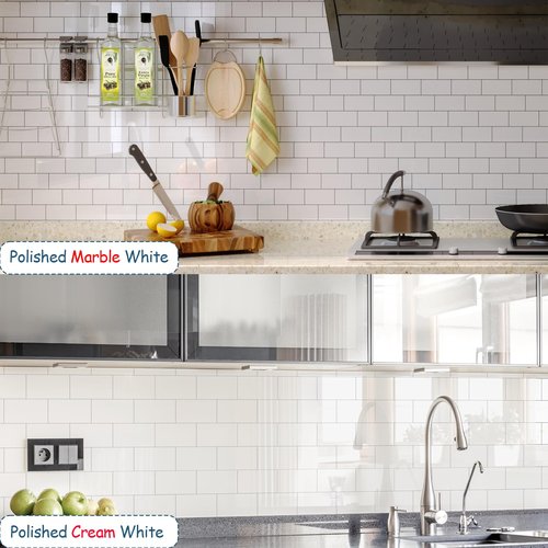 Reovatile 2026 New Upgrade Peel and Stick Backsplash Tile, Peel and Stick 11.34" X 11.57" Wall Tile for Kitchen, Bathroom, Fireplace, Laundry (Polished Marble White, 20 Packs)