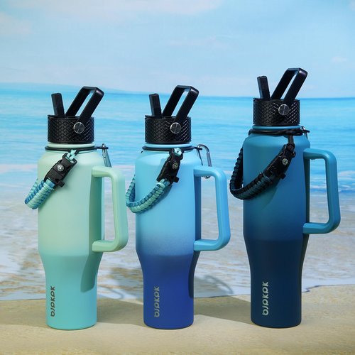 BJPKPK Insulated Water Bottles with Straw Lid, 35oz Metal Water Bottle with 2 lids & Paracord Strap, Double Wall Stainless Steel Tumbler with Handle, Reusable Cups, Mugs, Thermo, Sea