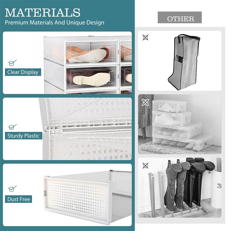 WAYTRIM Modern Clear White Foldable Boots Storage Box, 8 Pack Plastic Shoe Container, 20.5" x 11.8" x 5.5" - Large Capacity, Anti-Dumping, Transparent, Stackable, Ventilated