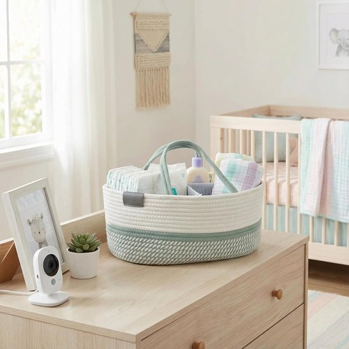 DECOMOMO Baby Caddy Organizer - Large Diaper Basket for Baby Shower | Sage Green & White Design