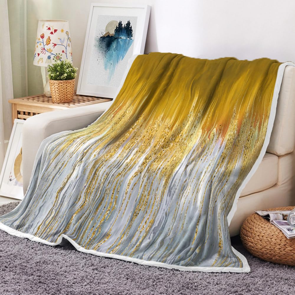 JAWO Golden Fleece Throw Blanket - Gold Yellow Abstract Stripes Sherpa for Boys Teens Decor - Geometric Plush Dark Emerald Modern Fuzzy for Home Sofas Couches Beds 50x60