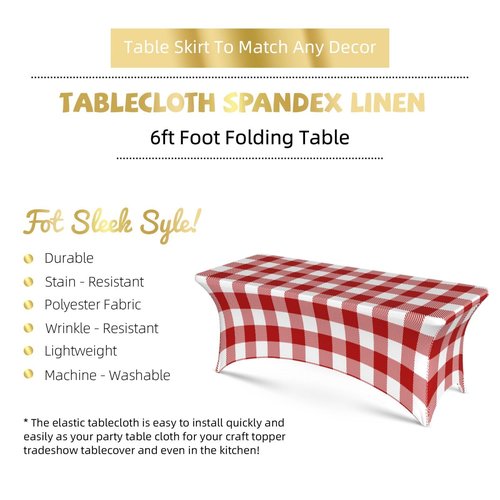 XBFCDN Buffalo Plaid Red and White 6 Ft Elastic Table Cover Fitted Rectangular Tablecloth for Party Banquet Festival Wedding