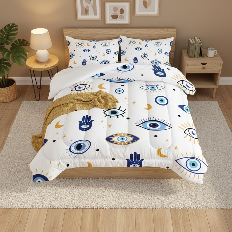 AILONEN Evil Eye Comforter Set Queen Size, Modern Evil Eye Bed in a Bag for Kids Girl,Beautiful Boho Style Bedding Set,3 PCS,1 Quilt and 2 Pillowcases,All Season,Ultra Soft