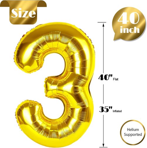 Gold Number 3 Balloon - 40 Inch 3rd Birthday Celebration Decor for Kids & Adults | Party Supplies