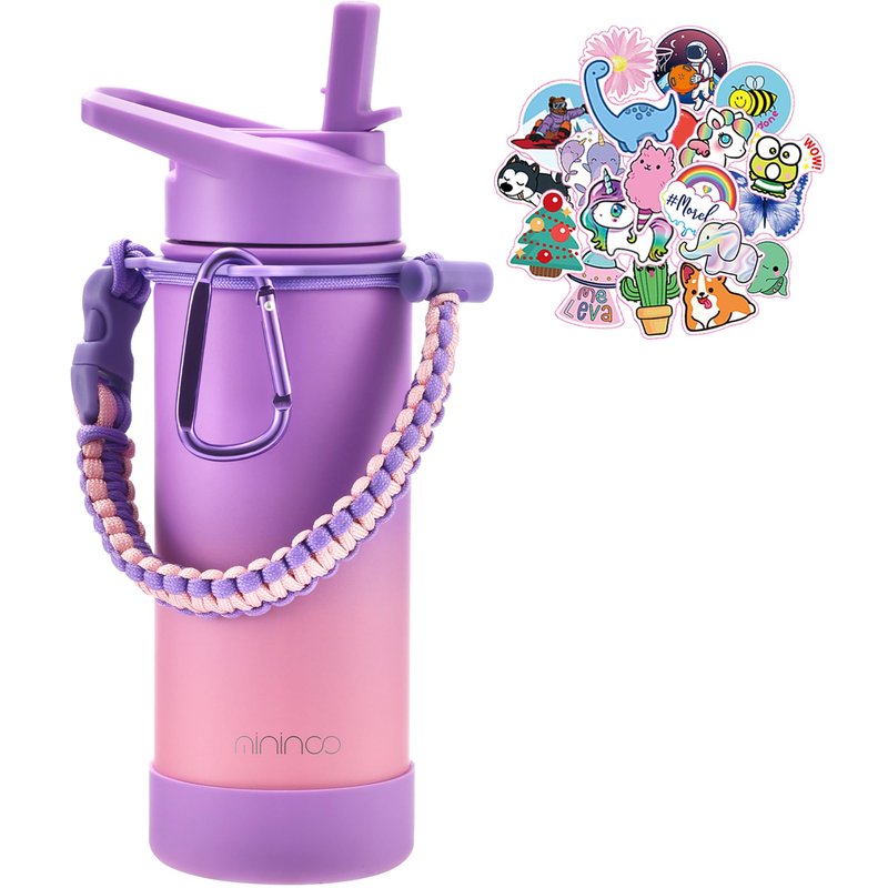 Mininoo Kids Water Bottle for School, 16oz Insulated Stainless Steel Water Bottle Kids with Straw Lid for Girls（Purple/Pink）