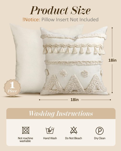 Kokaaee Throw Pillow Covers 18x18 - Tufted Boho Decorative Pillow Cover with Zipper for Couch Sofa Bed Living Room Aesthetic Soft Farmhouse Textured Striped Indoor Pillowcase, Cream Tassel
