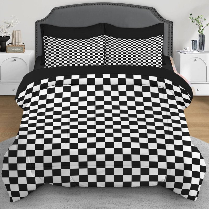 Nesphy Checkerboard Grid Black White Comforter Set 7 Pcs Queen Size Quilt, Checkered Geometric Luxury Plaid Soft Bedding Set with Flat and Fitted Sheet Pillowcases Sham for Adults Bedroom Bed Decor