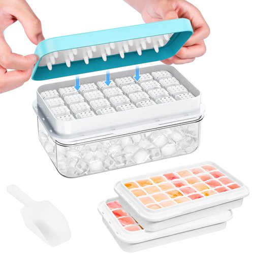 Ice Cube Tray with Lid and Bin, PHINOX 56 pcs Ice Trays for Freezer, Ice Cube Trays for Freezer with 2 trays, Container, Lid & Ice Scoop, BPA Free(28 Cubes/Tier)