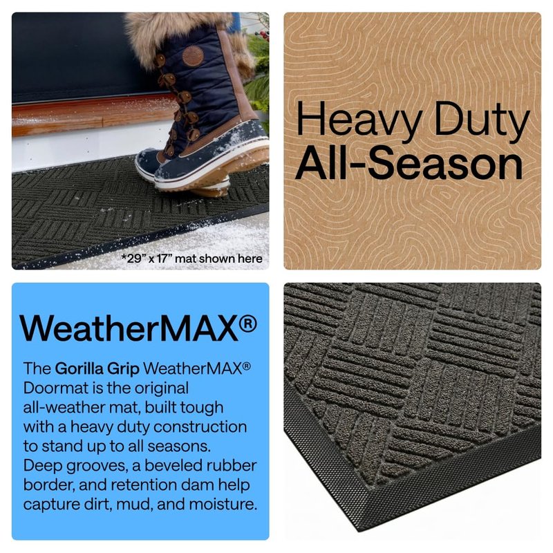 GORILLA GRIP 100% Waterproof All-Season WeatherMAX Doormat, 47x35, US Designed Natural Rubber, Stain and Fade Resistant, Low Profile Indoor Outdoor Door Mats, Easy Clean Patio Mat, Gray Diamond
