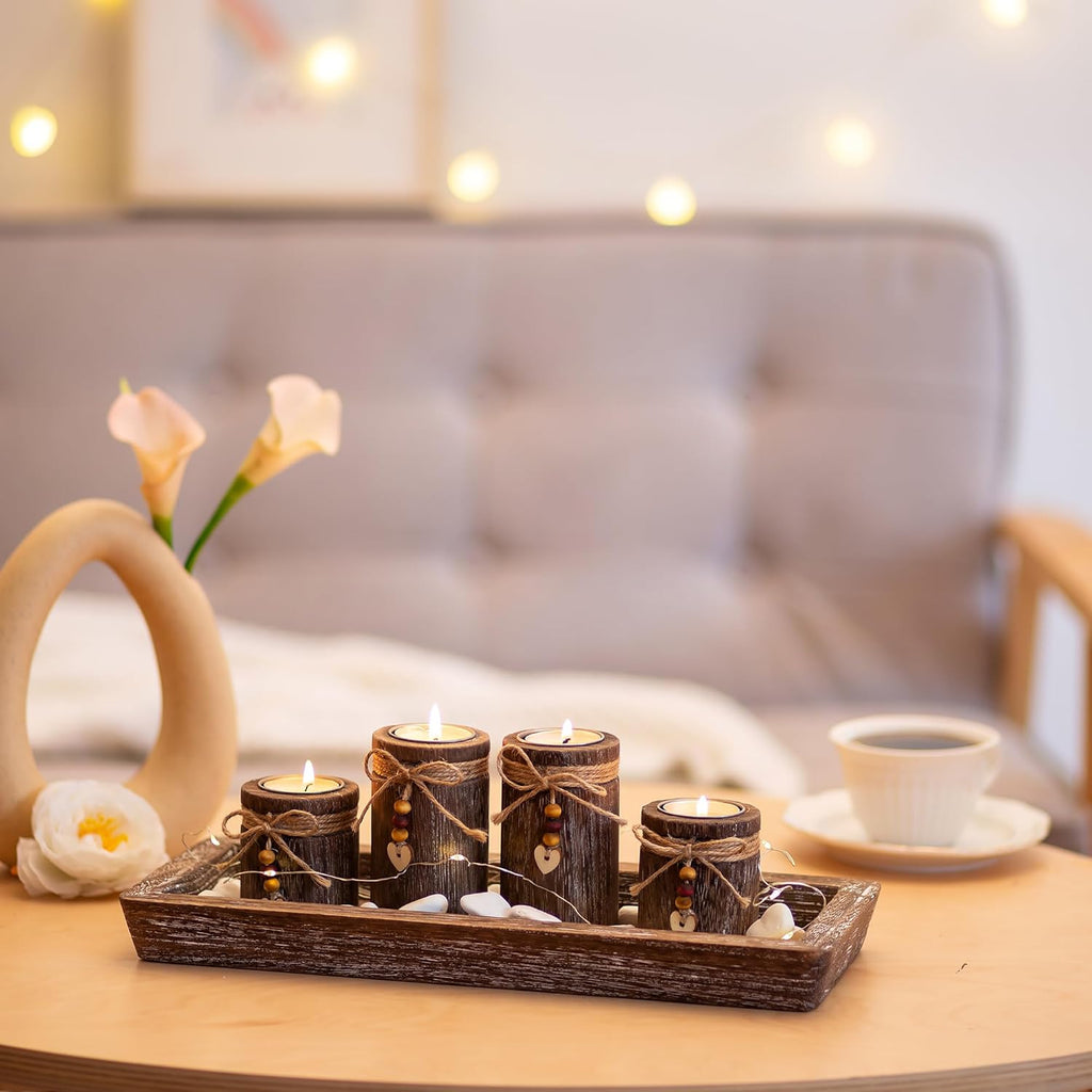 Romadedi Boho Wooden Tray Candle Holder Set - Farmhouse Coffee Table Decor with 4 Tealight Holders