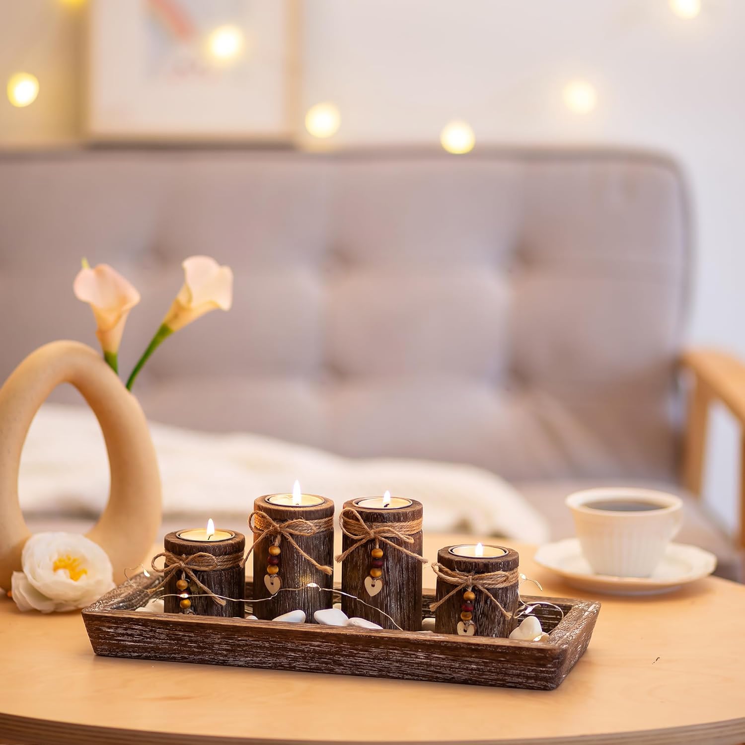 Romadedi Boho Wooden Tray Candle Holder Set - Farmhouse Coffee Table Decor with 4 Tealight Holders