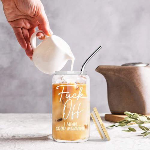 Heather & Willow Set of 2 | 16 oz Iced Coffee Cup with Bamboo Lids + Straws | Mason Jar Cups & Iced Coffee Tumbler with Lid and Straw | Glass Cups for Coffee, Boba Cup | Beer Can Glass & Smoothie Cup
