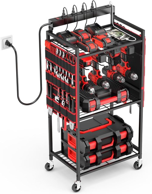 JUNNUJ Garage Tool Organizer Cart - Heavy Duty Rolling Storage with 8 Outlets & 3 USB Ports | Ideal for Power Tools