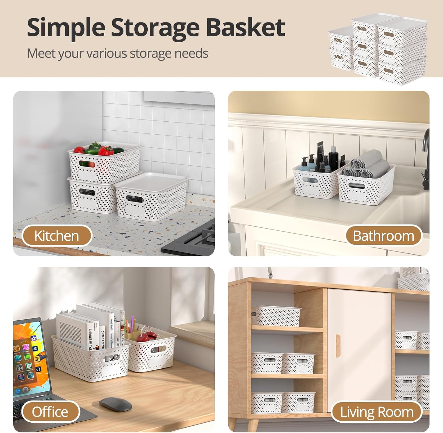 Skiennix Plastic Storage Bins - Stackable Organizing Boxes with Lids | 8-Pack, 10.2x7.2x4.1 Inch, White