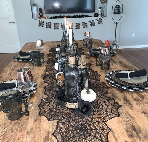 Halloween Table Runner Spider Web: 4 Pieces 18x72 Inches Black Lace Runners for Halloween Party Black Spooky Dinner Table Decorations