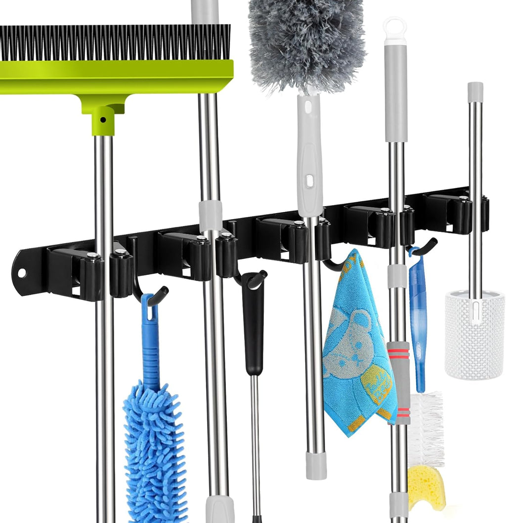Voze Mop and Broom Holder - 5 Racks & 4 Hooks, Heavy-Duty Wall Mount Organizer - Black
