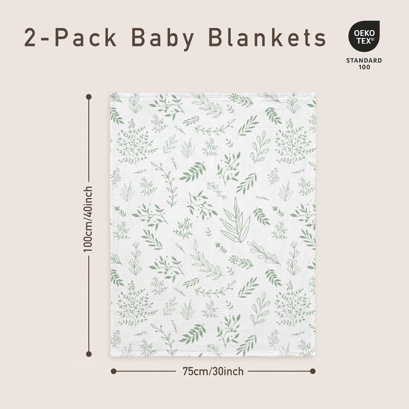 GLLQUEN BABY Blankets for Unisex Boys Girls, 2-Pack Muslin Cotton Front Soft and Breathable, and Dotted Fleece Backing, Nursery Minky Blankets for Toddler Newborn, Green Leaves,30 x 40 inches