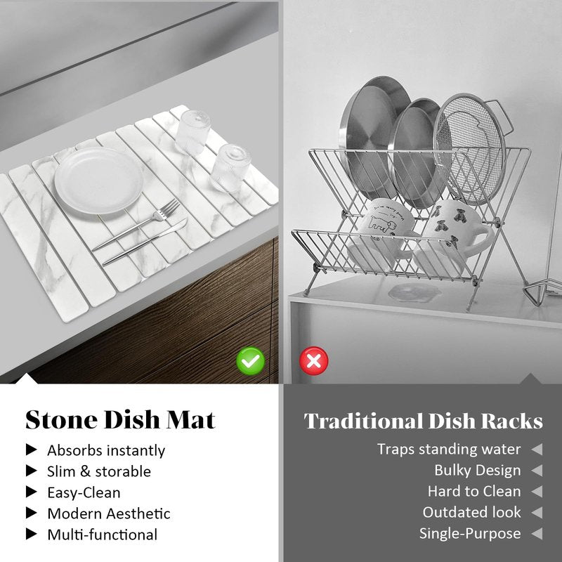 Dish Drying Mat for Kitchen Counter, 24"x16" Super Absorbent Hide Stain Dish Drying Pad with Non-slip Rubber Backed, Quick Drying Mat for Coffee Machine Dish Rack（Whtie Marble）