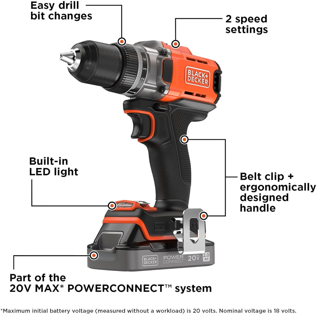 BLACK+DECKER Cordless Drill Driver - 20V MAX POWERCONNECT with Battery & Charger Included