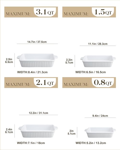 MALACASA Casserole Dishes - Porcelain Baking Set of 4 | Deep Rectangular Lasagna Pans with Handles - White