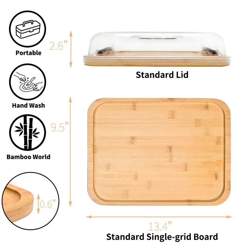 JEPISADI 13.4"x9.5" Portable Cheese Board with Standard Clear Lid - Bamboo Charcuterie Container for Office, School, Travel - Carrying Handle & Locking Clasps