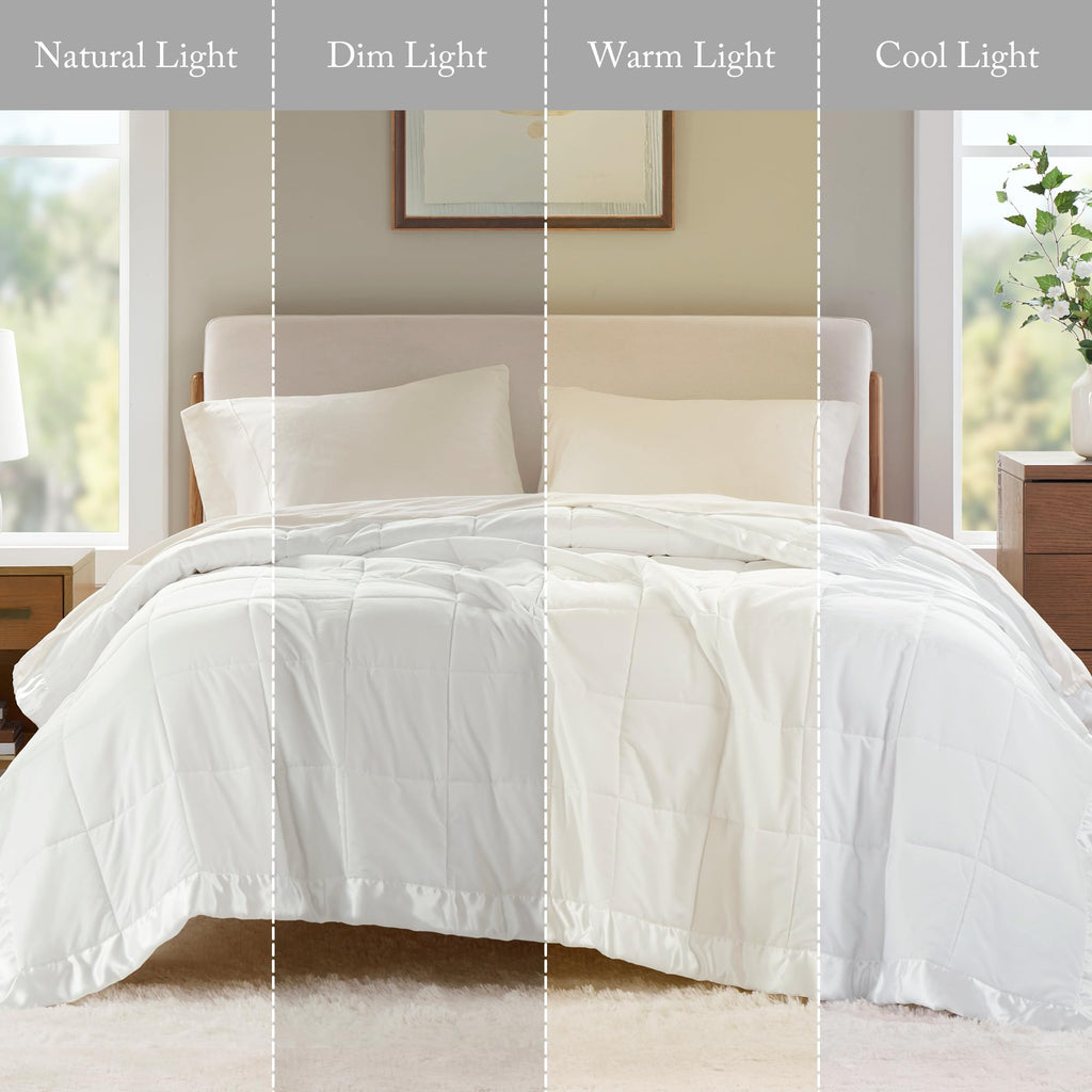 Madison Park Windom Down Alternative Blanket, Premium 3M Scotchgard Moisture Wicking Treatment, Lightweight and Soft Bed Cover For All Season, Satin Trim, White Full/Queen