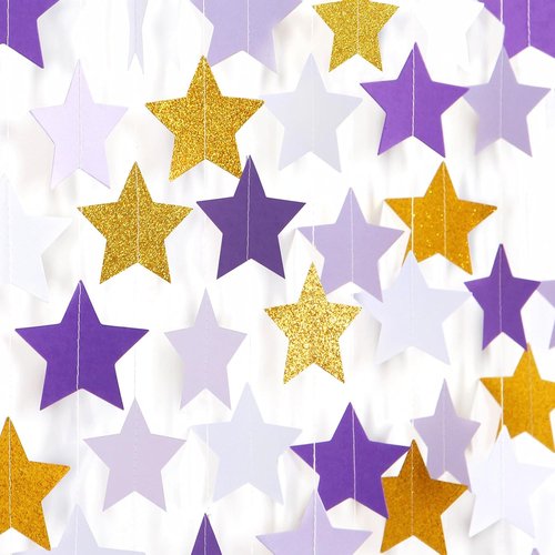 Hugtmr Star Garland - 62ft Purple Lavender & White Gold Party Decorations | Perfect for Birthdays & Showers