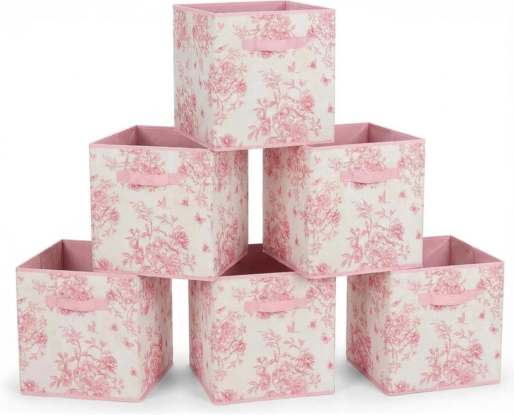 Skiennix Pink Floral Cube Storage Bins - 6 Pcs 12.5 Inch Collapsible Organizer Baskets for Home & Office