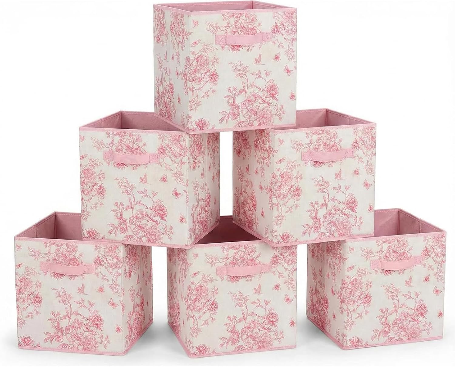 Skiennix Pink Floral Cube Storage Bins - 6 Pcs 12.5 Inch Collapsible Organizer Baskets for Home & Office