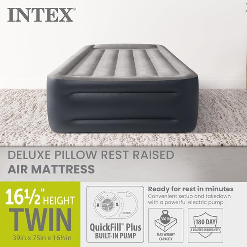 Intex Dura-Beam Plus Deluxe Pillow Bed - Twin Size with Built-in Electric Pump | 300lb Capacity