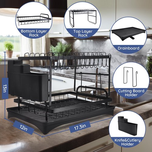 YSCGRICH Dish Drying Rack, 2 Tier Dish Racks for Kitchen Counter, Stainless Steel Dish Rack with Drainboard for Kitchen Counter, Kitchen Organizers and Storage Rack with Removable Utensil Holders