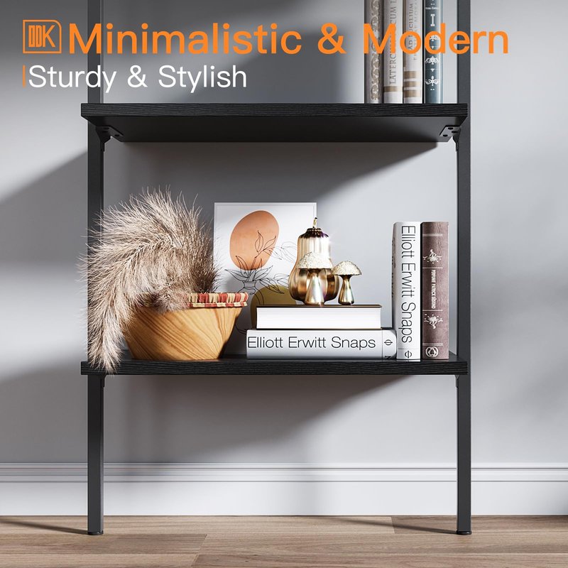 ODK 5-Tier Ladder Bookcase, Industrial Storage Shelf with Metal Frame for Living Room, Home Office, Kitchen & Bedroom, Space Saving Freestanding Organizer Rack, Black (8" D x 16" W x 74" H)