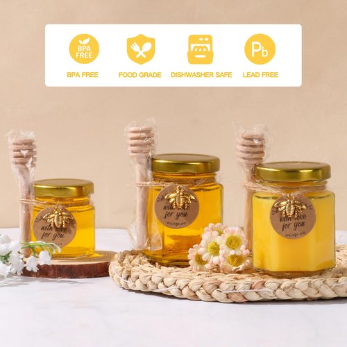 SZUAH 8 Pack 3 oz Mini Honey Jars with Dipper, Glass Hexagon Honey Jar for Wedding Favors, Empty Glass Jars for Party Favor