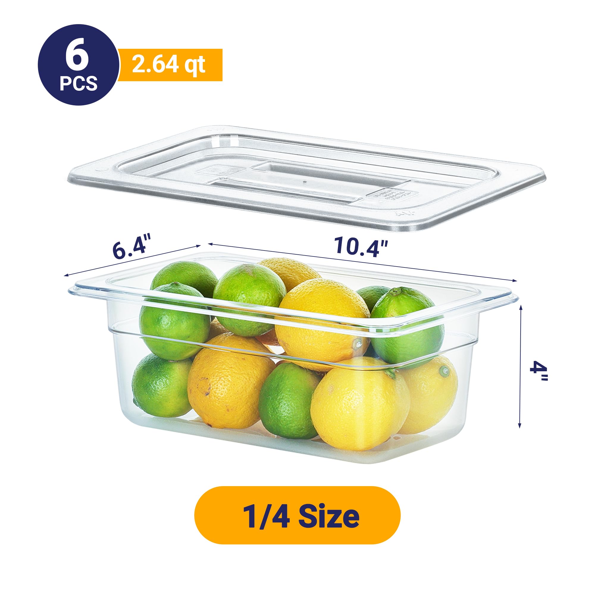 BIEAMA 6 Pack NSF Food Pans with Lids, 1/4 Size 4'' Deep Commercial Food Storage Containers, Polycarbonate, Clear