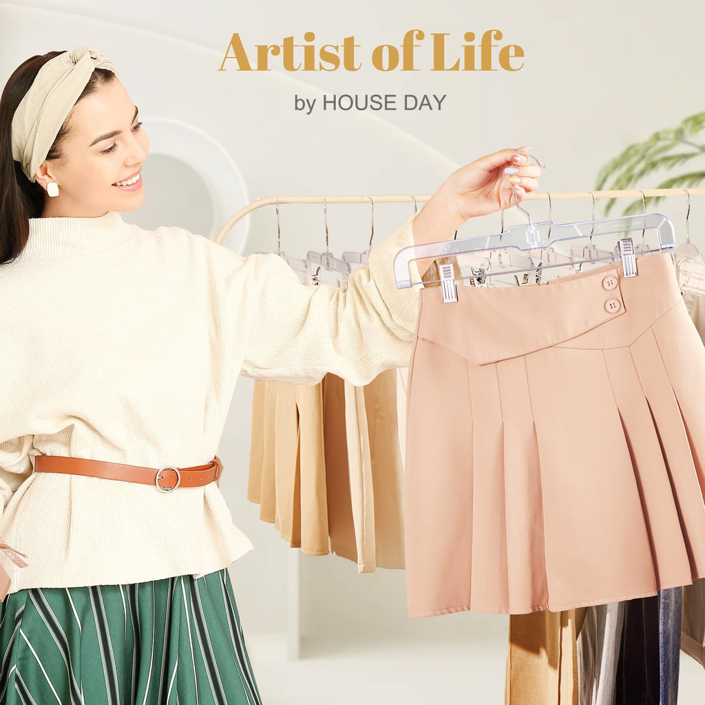 HOUSE DAY 50 Pack Skirt Hangers Pant Hangers with Clips, Clear Plastic Hangers for Pants, Skirts, Shorts, Versatile Use Clip Hanger, Retail Hanger