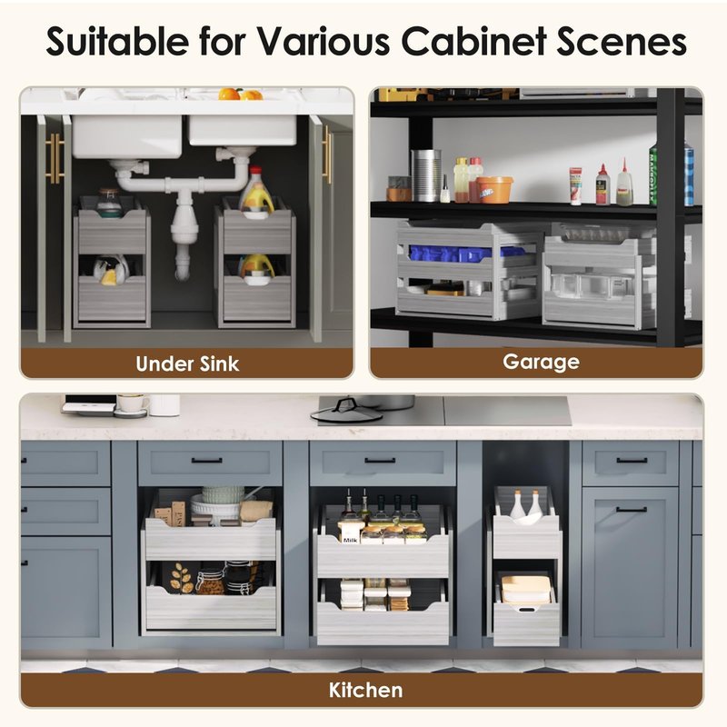 Landmok Pull Out Drawers For Cabinets, 18" W x 21.65" D x 17" H Slide Out Wooden Pull out Drawers, 2-Tier, Heavy-Duty Base Bottom Assembly Slide out Drawer Shelf Cabinet Organization for Kitchen, Gray