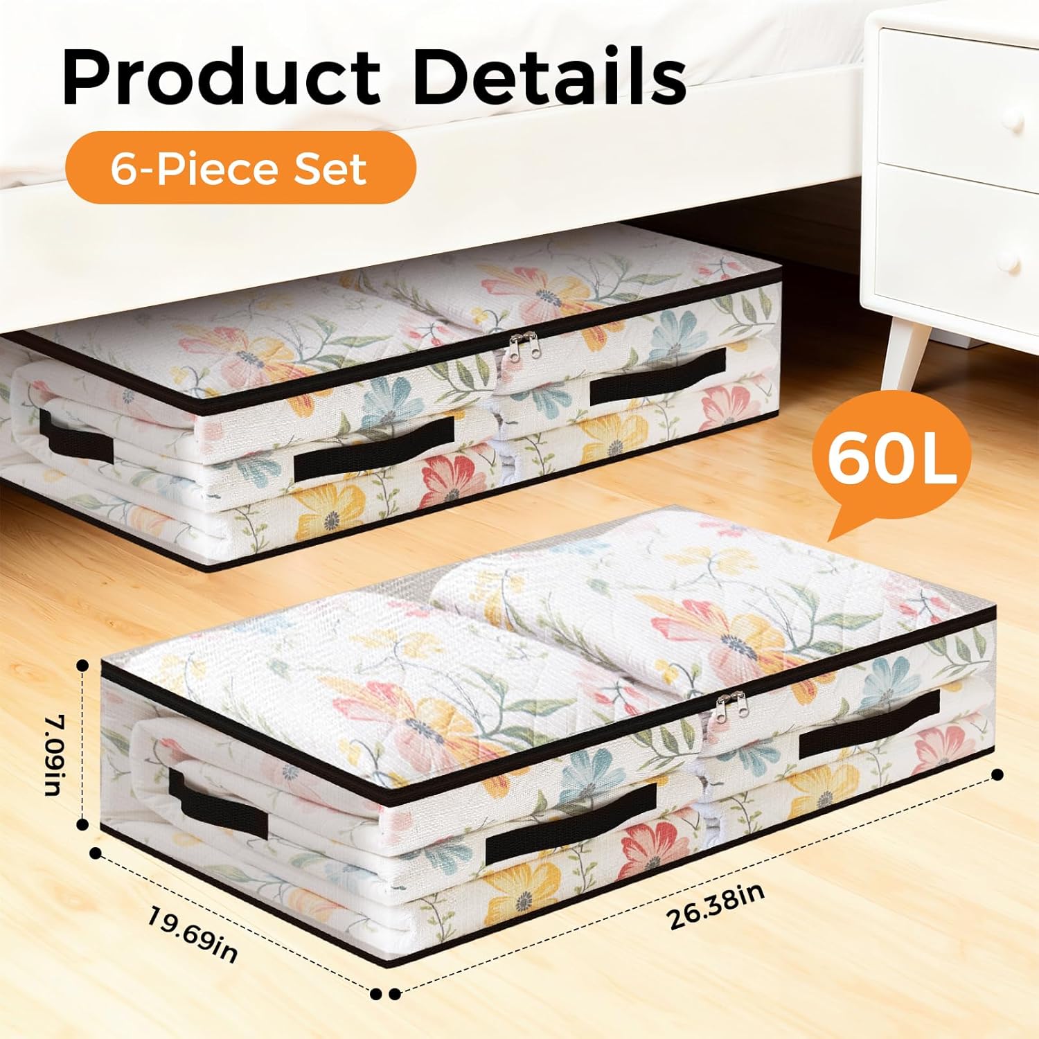 Skiennix 6 Pack Under Bed Storage Bags - 60L Foldable Clear Containers with Dual Zippers & Handles