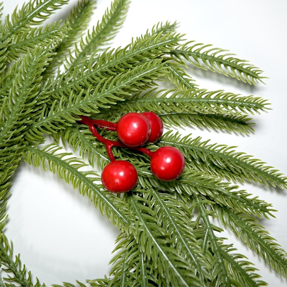 Skiennix Christmas Candle Rings - Artificial Norfolk Pine & Red Berry Wreaths | 3-Piece Set for Home Decor