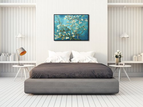 Pyradecor Large Black Framed Canvas Wall Art Almond Blossom Famous Oil Paintings Reproduction Canvas Prints by Van Gogh for Home Office Decorations