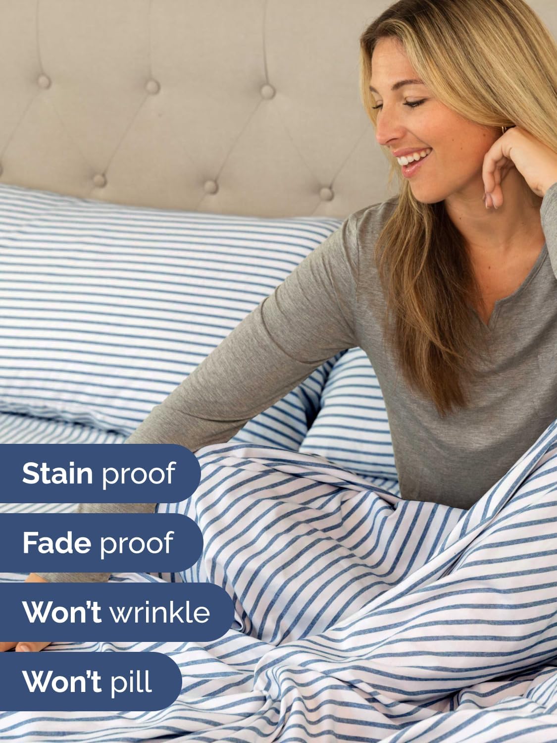 Skiennix Extra Deep Queen Sheet Set | 6-Piece Cooling Bedding - Soft, Wrinkle-Free Blue Stripes