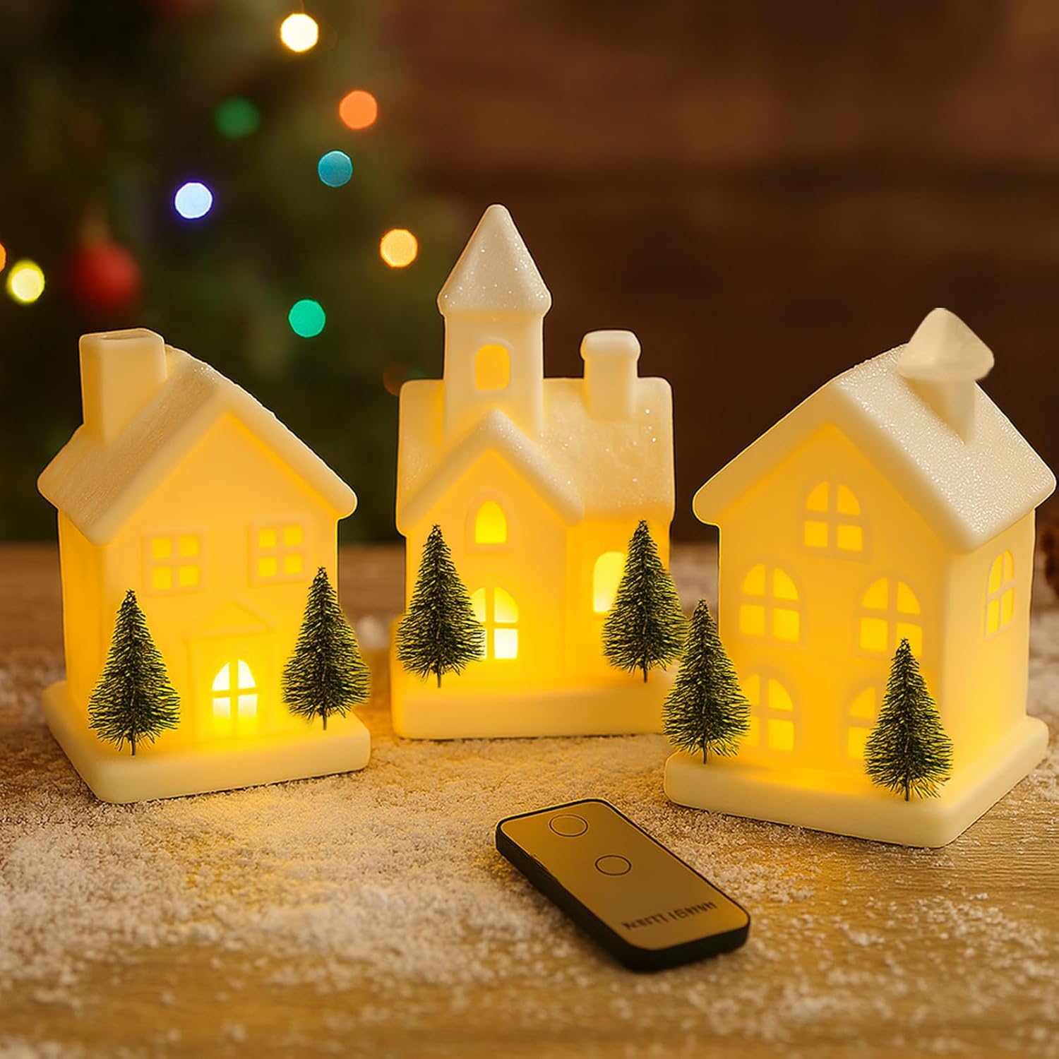 Regine Switzerland Christmas Village Set - 3 Lighted Ceramic Houses with Trees - Rustic White Holiday Decor