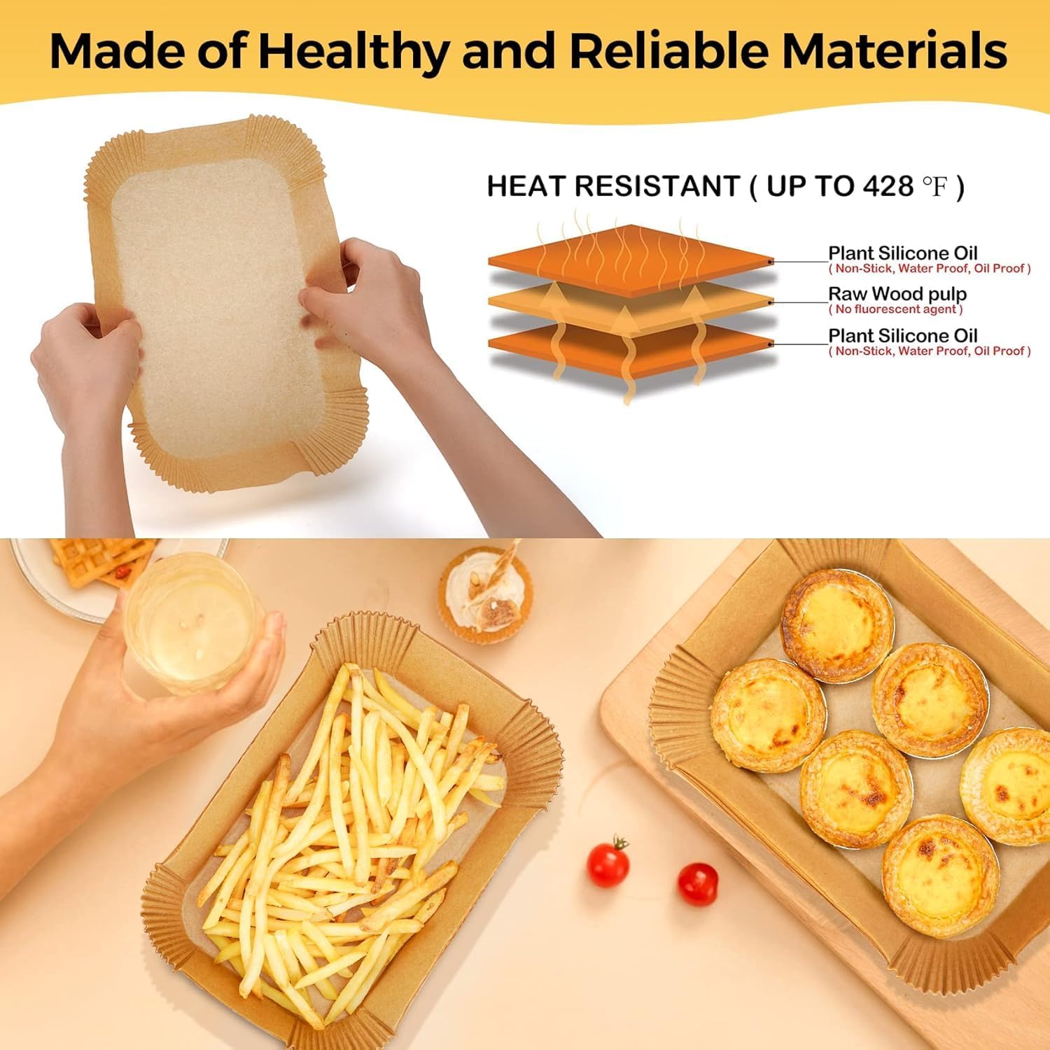 Skiennix Air Fryer Parchment Paper Liners - 100 Pcs Non-Stick, Unbleached Sheets | 8.6x5.5 Inch for Dual Basket Models