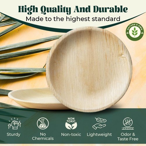 Disposable Round Plates, Compostable & Biodegradable Palm Leaf Plates, Microwave Oven Safe, Eco-friendly, Plates for Parties & Weddings, 10 Inch, 100 Plates