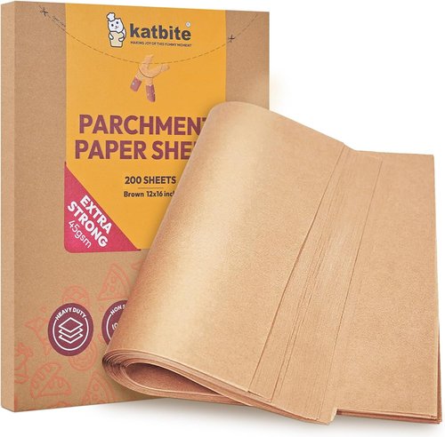 Katbite Unbleached Parchment Paper - 200 Pcs Precut 12x16 In | 15 In x 242 Ft Roll, 300 Sq.Ft for Baking