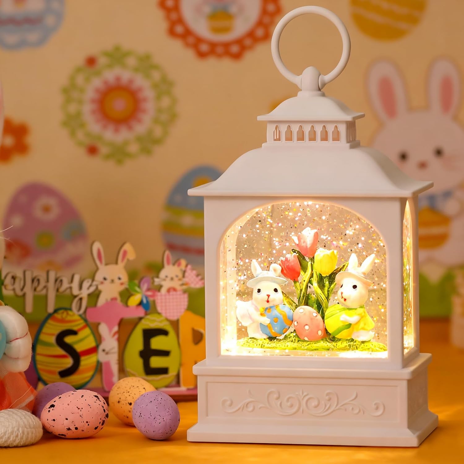Skiennix Easter Bunny Snow Globe - Glitter Lantern with Timer for Spring Decor | 6 Hours