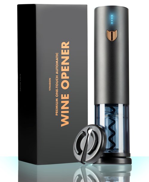 VINABON Electric Wine Opener - Updated 2026 One-Touch Automatic Wine Bottle Opener Corkscrew - Rechargeable (Up to 100 Bottles/Charge) with Foil Cutter Stand, LED Indicator. Includes Wine Guide eBook